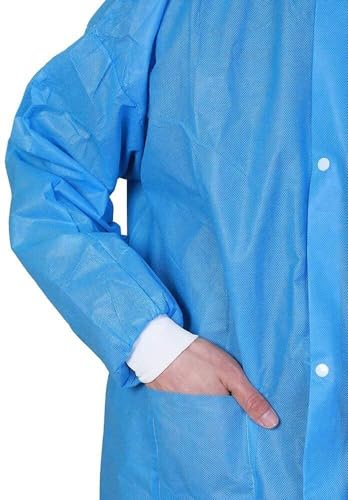 AmeriCan Goods 10/Pk Disposable Protect Gown Coat Knee Length Blue Medium Size Breathable 3 Layers Fluid Resistant 3 Pockets Comfortable Easy to Wear, Large