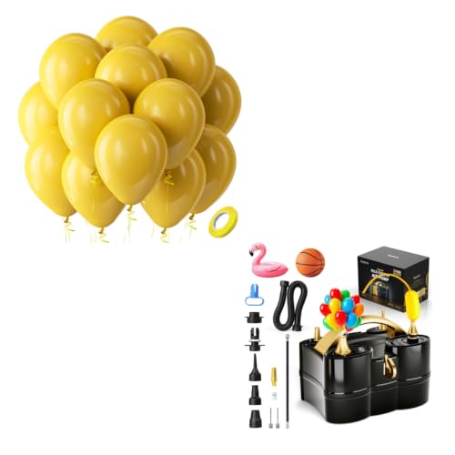 Image of Mustard Yellow Latex Party Balloons - 100 Pack 12 inch Round Helium Boho Netural Fall Balloons and Electric Balloon Pump