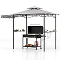 Tangkula 10.5x5 FT Grill Gazebo with Side Awning, 2-Tier Barbecue Gazebo with 2 Shelves, 12 Hanging Hooks, Bottle Opener, Outdoor Grill Canopy for Backyard Garden Poolside (Grey)
