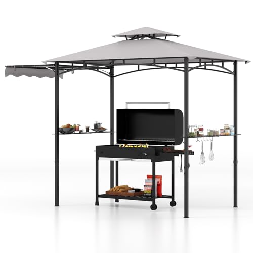 Tangkula-11x5-FT-Grill-Gazebo-with-Side-Awning-2-Tier-Barbecue-Gazebo-with-2-Shelves-12-Hanging-Hooks-Bottle-Opener-Outdoor-Grill-Canopy-for-Backyard-Garden-Poolside-Grey Tangkula 11×5 FT Grill Gazebo with Side Awning 2 Tier Barbecue Gazebo with 2 Shelves 12 Hanging Hooks Bottle Opener Outdoor Grill Canopy for Backyard Garden Poolside Grey