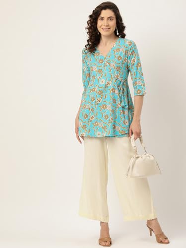 Image of feranoid Floral Print Angrakha 3 Sleeves Flared Kurti