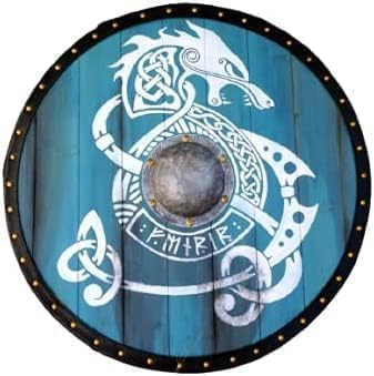 Viking Shield Aging Effect | Medieval Round Wooden Shield for Games, Parties, Historic Battle, Room Decoration. Fenrir Blue 24"