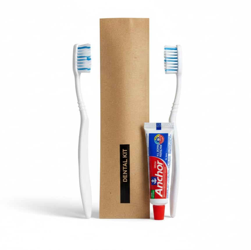 Image of 200 Pack Double Dental Kits - 2 Toothbrushes & 1 Toothpaste per Set - Individually Wrapped Eco-Friendly Kraft Paper Pouch - Bulk Guest Amenities for Hotel & Airbnb