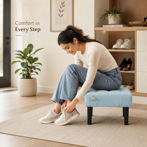 Image of Upholstered Foot Rest Ottoman Stool with Wooden Legs, Tufted Footstool for Living Room, Bedroom, Makeup Vanity, Entryway, Comfortable Footrest Bench, Modern Accent Ottoman (Sky)