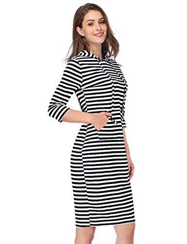 MISSKY Women's 3/4 Sleeve Cotton Knee Length Sweatshirt Dress (Black-White L)