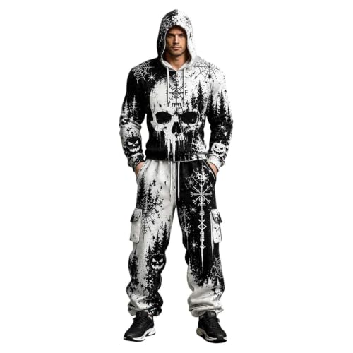 Men Halloween Skeleton Costume 2 Piece Tracksuit Funny Scary Skull Print Hoodie Sweatshirt Jogger Pants Outfits - image 2