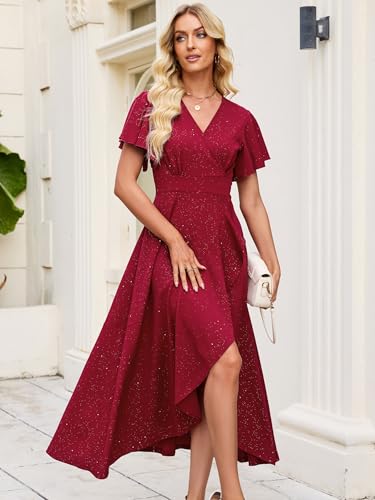 Image of Long Black Formal Dresses for Women Gowns Evening Party Cocktail Dress,Split Elegant V Neck Wrap Ruffle Wedding Guest Dresses