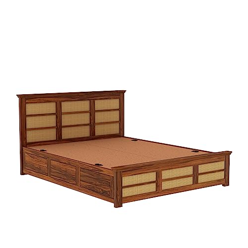 Image of Ganpati Arts Solid Sheesham Wood King Size Cane Bed with Box Storage Solid Wooden Double Bed Cot Bed with Box with Headboard (Natural Finish)