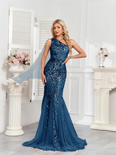 Image of One Shoulder Glitter Mermaid Dress for Mother of The Bride Women's Sexy Sequin Formal Gown
