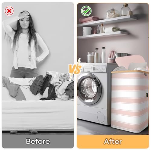 Image of BALEINE Laundry Hamper with Lid, Tall Laundry Baskets with Bamboo Pull Handles, Large Laundry Bin with Internal Support (26 Gal /100L, Pink Stripe)