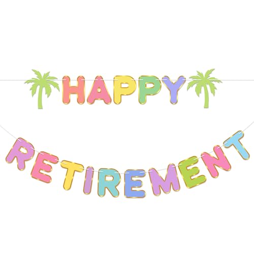 Anreixx Pre-Strung Happy Retirement Banner - Hawaiian Colorful Retirement Party Decorations for Men Women - Pre Strung on 9 ft Strands