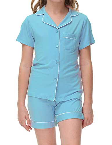 Rubehoow Unisex Mädchen Jungen Schlafanzug Langarm Nachtwäsche Button-Down 2-teiliges Schlafanzug-Set für 5T-14 Jahre, bleu ciel, 7-8 ans Cover