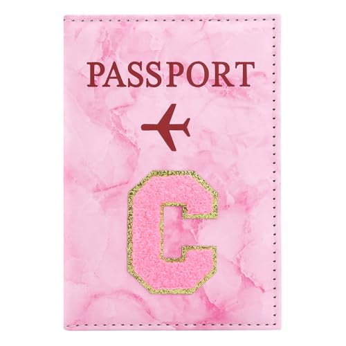 ILIYAH Soporte personalizado para pasaporte con inicial – Letra de chenilla de mármol rosa, funda impermeable de piel sintética para pasaporte, bonito regalo de viaje para mujeres y niñas, esencial