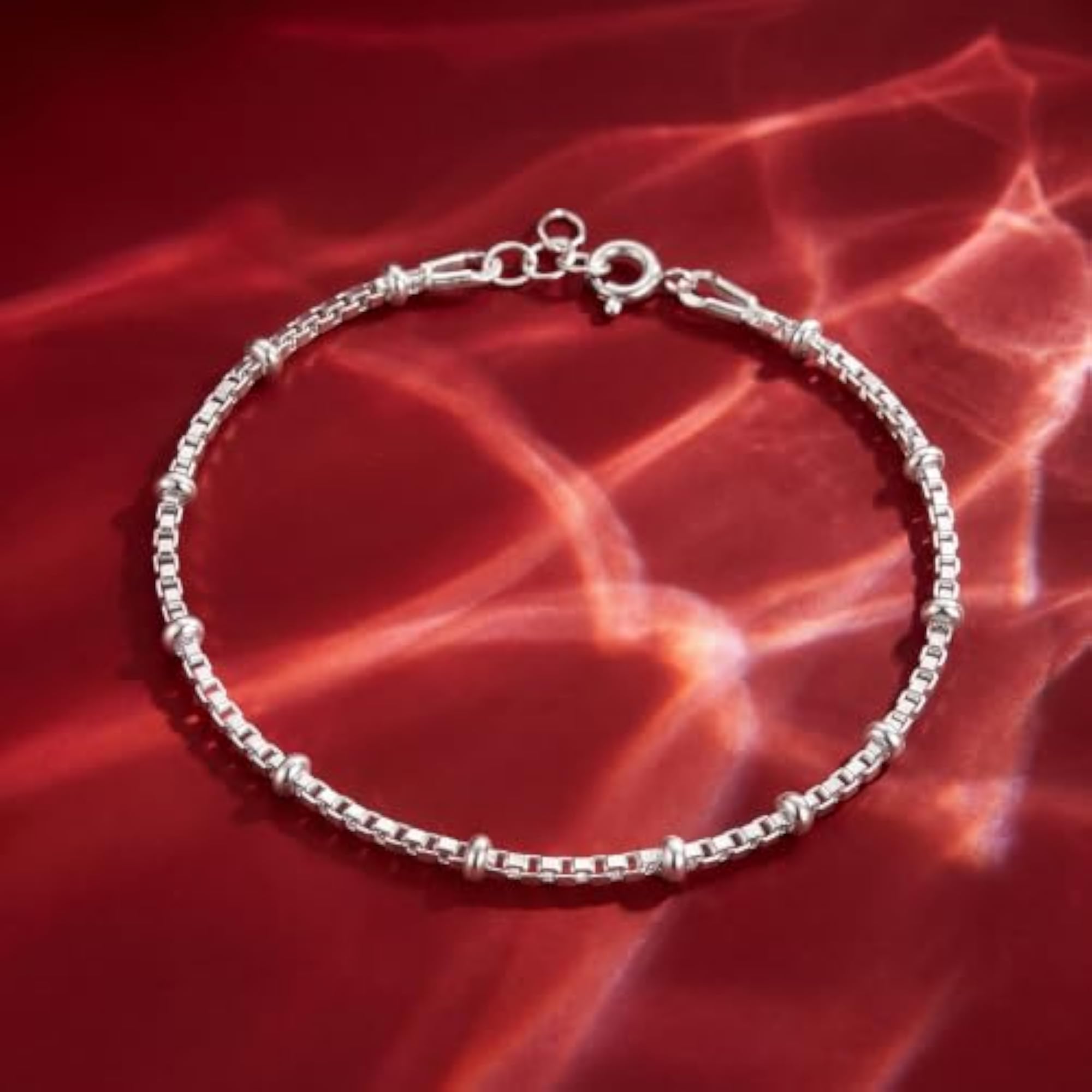 Women's Pure 925 Silver Beaded Box Chain Bracelet