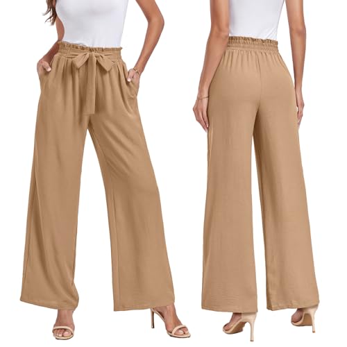 FREEOAK Womens Pants White Linen Beach Travel Flowy Summer Work Business Casual Wide Leg Office Outfits Spring Trousers Large — view 2