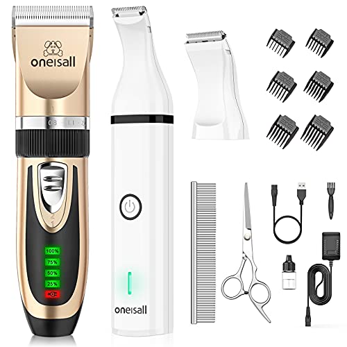 oneisall Dog Clippers and Dog Paw Trimmer Kit 2 in 1 Low Noise Cordless Dog Clippers for Grooming Pet Hair Trimmers for…
