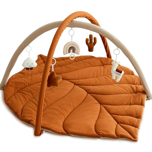 Image of Avrsol Baby Play Gym with Mat Leaf Shaped, Baby Play Mat with 6 Hanging Toys Tummy Time Mat, Baby Gym Activity Center, Washable (Brown)