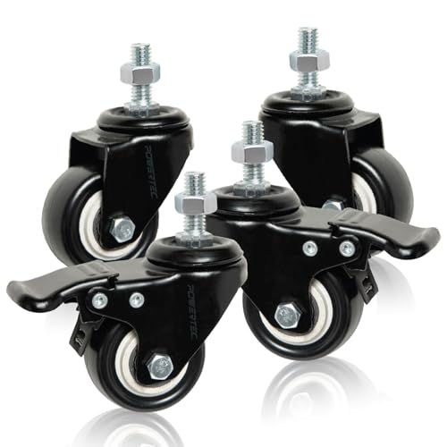 POWERTEC 2 Inch Caster Wheels Set of 4, 3/8-16 x 1 Stem Casters - 2 Casters W/Dual Locking Break - Heavy Duty 350 lbs, 360° Swivel, PU Castor Wheels for Furniture, Carts, Trolleys, Toolboxes (17220)