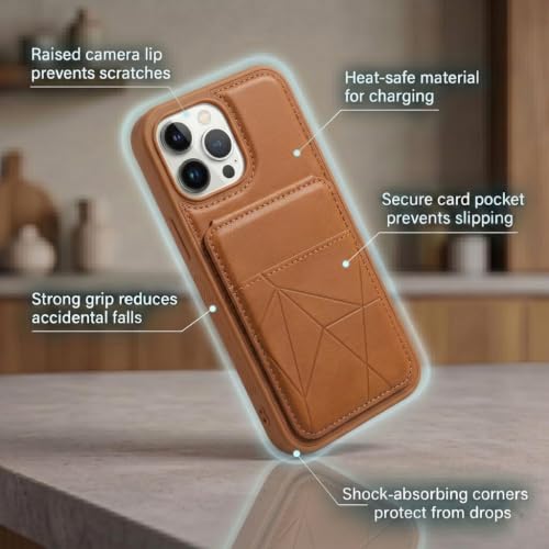 Image of amazon basics Premium Vegan Leather Back Cover with Card Holder and Integrated Mobile Stand for iPhone 13 Pro Max - Slim Shockproof Wallet Case with Geometric Stitching [Tan]