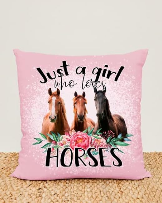 Just A Girl Who Loves Horses Pink Pillow Cover, Horse Gifts for Girls, Decorative Western Farmhouse Animal Pillow Cover for Bedroom Living Rooms Sofa Couch 18¡Á18 Inch