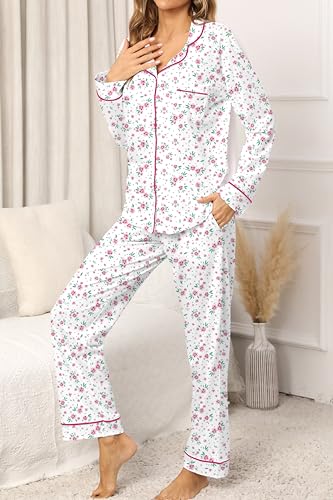Image of LUBOT 100% Cotton Pajamas for Women Pajama Set Soft 2 Piece Sleepwear PJ Set Long Sleeve Knit Button Cozy Loungewear XS-XXL