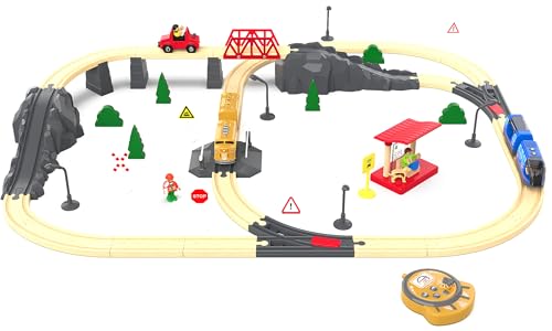 Image of Motorized Train for Kids, Remote Control Locomotive Train Toy for Wooden Tracks, Battery Powered Electric Trains with Sound & Lights Effects Compatible with Thomas, Brio, Chuggington