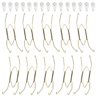 10 PCS Wire Plate Hangers, 8 Inch Plate Holders for The Wall and 15 Pack Wall Plate Hooks, Invisible Dish Display Plate Hangers, Stainless Steel Plate Hangers Gold 7.5" to 8.8" Plates
