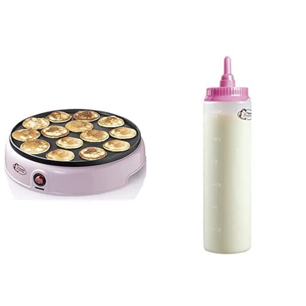 Bestron Poffertjes Maker, inkl. Teigportionierer für 700ml mit Skala, Ideal zum Befüllen des Poffertjes-Geräts, Farbe Gerät: Rosa, Teigflasche: Weiß