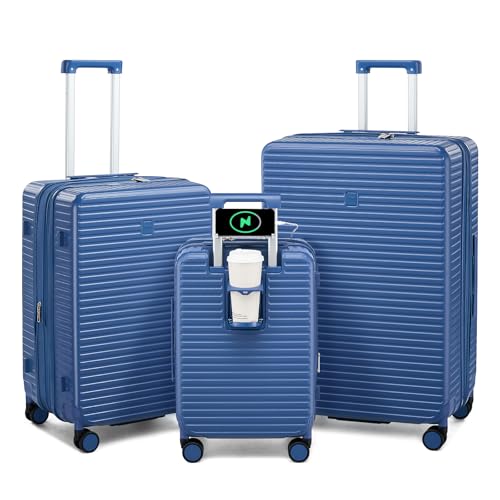 Hard Shell Suitcases Expandable Travel Luggage Sets 3 Piece, Carry on and Check in 3 Piece Luggage Suitcase Sets with Spinner Wheels Cup Holder Charger Built in (Interstellar Blue, 20/24/28)