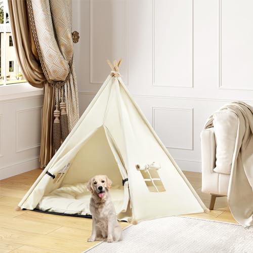 EUGAD Tipi Zelt für Haustiere mit Kissen Haustierzelt für Hunde/Katzen,Katzenhaus Indoor Abnehmbar Waschbar,Tipi Hundezelt Haustierhöhle für Meerschweinchen Kaninchen Hamster Kätzche 75x75x98cm