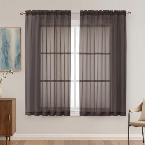 Image of Chocolate Sheer Curtains 63 Inches Long 2 Panels Set, Light Filtering Sheer Curtains for Living Room Bedroom 59 Inch Extra Wide, Modern Voile Filmy Rod Pocket Window Drapes, 59Wx63L Inches