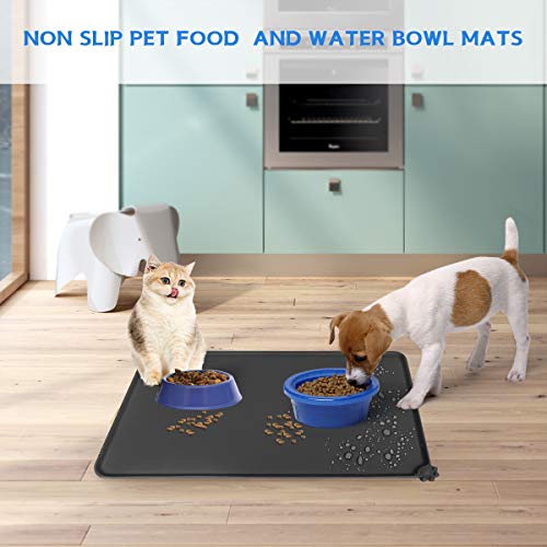 Silicone Dog Food Mat Waterproof Pet Feeding Mat Cat Water Bowl Mat Non-Slip Pet Safety Grade Silicone with Raised Edges Easy Clean Collect Food and Water Spills for Small and Medium Pets (Black)