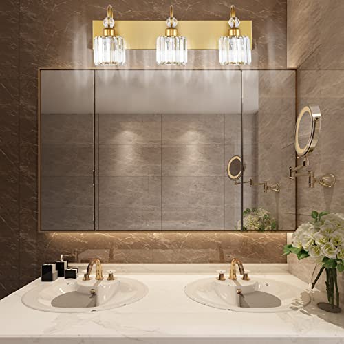 Image of Ralbay Gold Bathroom Vanity Lights 3-Lights Gold Crystal Vanity Lights Over Mirror Modern Crystal Bathroom Vanity Lighting Fixtures