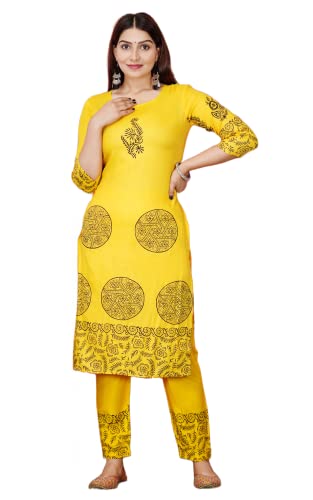 Image of Women Rayon Straight Golden Foil Printed Kurta with Palazzo || Kurti with Palazzo Set for Casual Party & Festival Wear in Round Neck with 3 /4 Sleeve for Girls