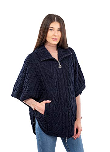 SAOL Irish Cardigan for Women Made of 100% Merino Wool Ireland Poncho with Front Pockets