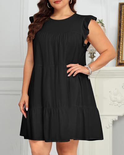Image of Holipick Women's Plus Size Summer Dresses Casual Short Dress Babydoll Ruffle Sleeve Swing Flowy Sleeveless Tunic Dress