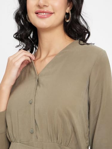 Image of Madame Solid Olive Dress for Women
