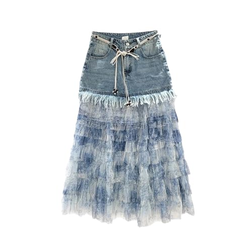 Women's Tassel Hem Denim Skirt, Tie-Dye Patchwork Boho Summer Skirt