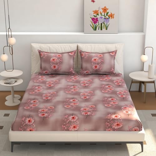 Image of Castiqa Elastic Fitted Supersoft Premium Polycotton 200TC Super King Size 108x108Inch Jointless Bedsheet with 2 Pillow Covers (Floral, Super King 108x108inch (12 inch Mattress))