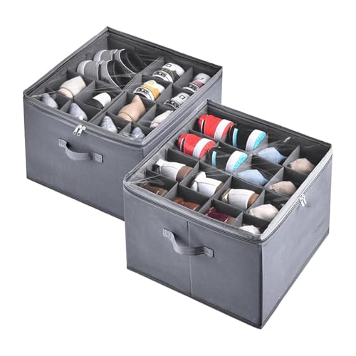 Image of RENVA 12 Pairs Shoe Organizer for Closet, Foldable Shoe Storage Bins with Clear Cover, Large Shoe Box Storage Container with two sides PU handles, Fits up to 12 Pairs. (Gray)