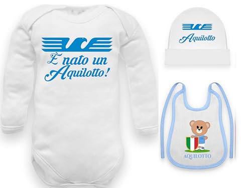 100% puro cotonecotone body neonato manica lunga Lazio nascita con frase È nato un\'Aquilotto - frase divertente - idea regalo tifoso calcio (Set Aquilotto Body Cappello Bavetta, 00: 0-3 mesi)