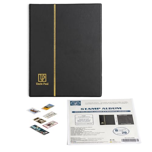 Stamp Albums 160 Pockets - Stockbooks with 30x197mm Sleeves, 10 Double Sided Black Page with Leatherette Padded Black Cover, Collection Storage Folder for Paper Money Postage Stamps AS0108BK