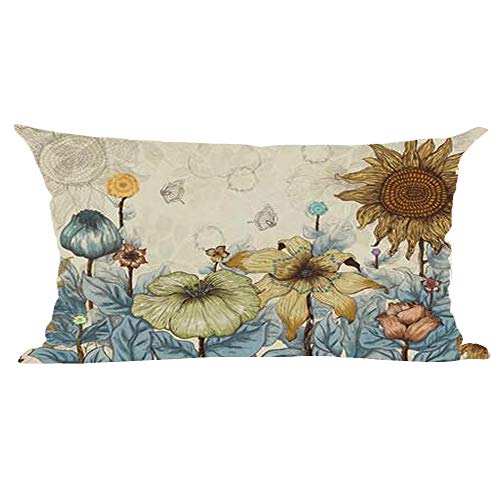 Ramirar Watercolor Flower Bud Lotus Sunflower Blue Leaves Grey Background Summer Decorative Lumbar Throw Pillow Cover Case Home Living Room Bed Sofa Car Cotton Linen Rectangular 12 X 20 Inches #TOP14