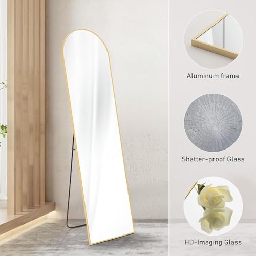 DUMOS Arched Full Length Mirror with Stand Floor Standing Aluminum Frame for Bedroom Body Hanging Leaning Modern Simple Home Decor Shatter-Proorf Nano Glass Wall Living Room Cloakroom Gold 59"x16"