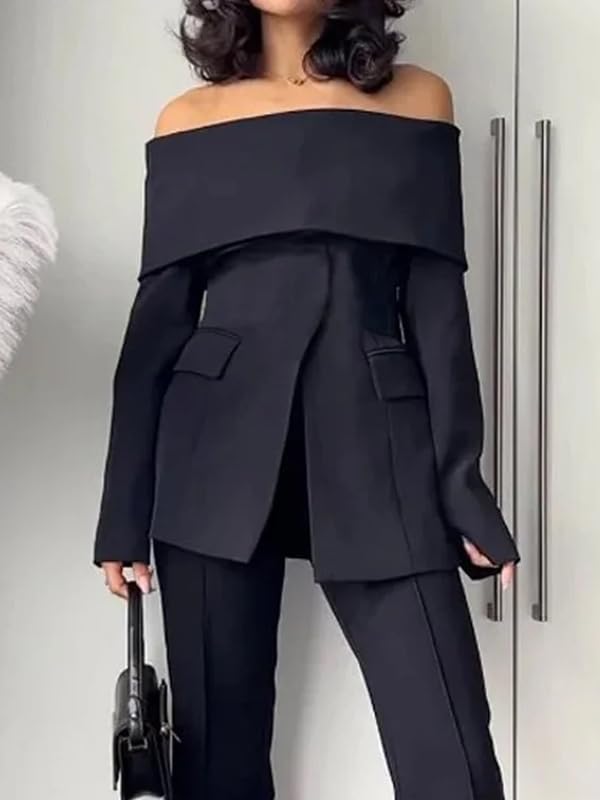 UOOZEE Women's Long Sleeve Off Shoulder Business Work Blazer Sexy Formal Split Front Suit Jackets Outfits2