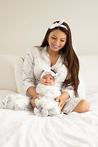 Mommy o' Clock Mommy Robe for Maternity and Baby Swaddle Blanket, Milk Silk Matching Delivery Robe and Swaddling Wrap for Mom and Baby (Grey Marble, S/M (0-12))