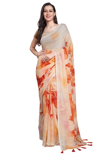 Image of RANI SAAHIBA Women's Printed Chiffon Saree Without Blouse Piece