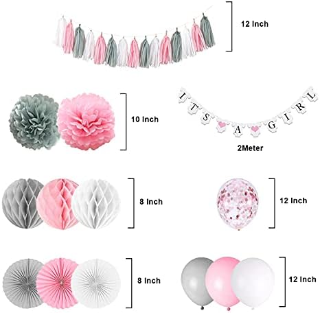 Baby Shower Decorations for Girl, Its A Girl Banner with Paper Fan Tissue Pompoms Honeycomb Ball Party Balloons Foil Tassel, Pink and Grey Its A Girl Baby Shower Decorations