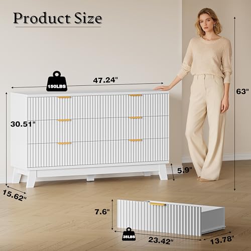Image of BORNOON Fluted 6 Drawer Dresser, 47.2 inch Wide Modern Boho Chest of Drawers, Wooden Storage Dresser TV Stand for Bedroom, Living Room, Closet, Hallway, Curved Profile Design