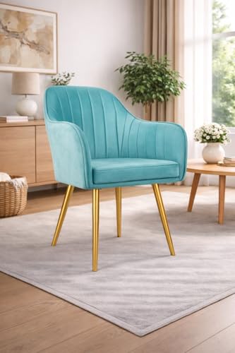 Image of Accent Chair for Living Room| Soft Velvet Fabric Armchair with Multi Colour Leg Options | Modern Chair with Thick Cushion for Home Office restaurent and cafes| 1pc (Golden Legs, Sky Blue)